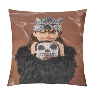 Personality  Portrait Of Smiling Girl In Wolf Mask And Black Attire Hugging Spooky Toy, Halloween, Close Up Pillow Covers