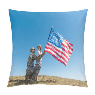 Personality  Father In Military Uniform And Happy Kid Holding American Flag Against Sky  Pillow Covers