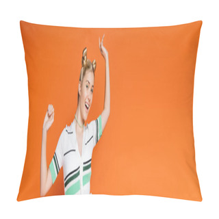 Personality  Excited And Cheerful Blonde Teenager With Hairstyle And Bold Makeup Posing In Casual Clothes And Looking At Camera While Standing Isolated On Orange, Fashionable And Trendy Clothes, Banner  Pillow Covers
