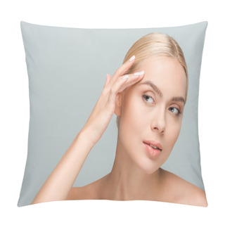 Personality  Young Attractive Woman Looking Away While Touching Face Isolated On Grey  Pillow Covers