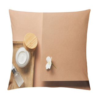 Personality  Top View Of Open Jar With Cream, Cosmetic Glass Bottle On Wooden Tray And Jasmine Flower On Brown  Pillow Covers