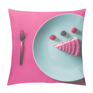 Personality  Top View Of Piece Of Pink Cake With Berries On Plate On Pink Surface Pillow Covers
