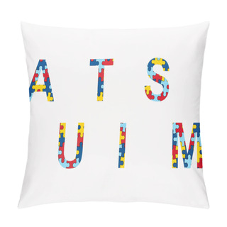Personality  Top View Of Autism Puzzle Inscription Isolated On White  Pillow Covers