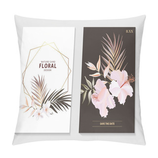 Personality  Botanical Floral Set With Wild  Hibiscus Flower, Tender Palm Leaves, Plumeria Bloom And Geometric Gold Shape. Anniversary Brochure, Wedding Invite, Nature Arrangement Banner, Summer Poster. Vector.  Pillow Covers