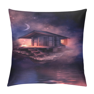 Personality  Night Fantasy Landscape With Island Of Stones On The Water, Wooden Fantasy House Over Water, Night, Moonlight, Fog, Night Lantern, Reflection In The Water. Pillow Covers