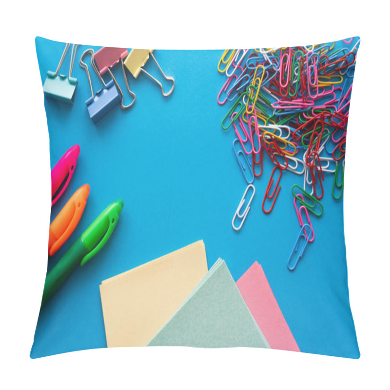 Personality  Top View Of Colorful Paper Clips And Fold Back Clips Near Paper Notes On Blue Pillow Covers