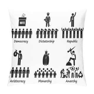 Personality  Type Of Government - Democracy Dictatorship Republic Aristocracy Monarchy Anarchy Stick Figure Pictogram Icons Pillow Covers