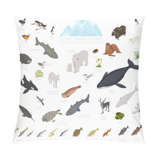 Personality  Ice Sheet And Polar Desert Biome. Isometric 3d Style. Terrestrial Ecosystem World Map. Arctic Animals, Birds, Fish And Plants Infographic Design. Vector Illustration Pillow Covers