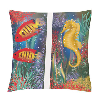 Personality  Underwater Banners With Seahorse And Red Tropical Fish, Vector Illustration Pillow Covers