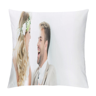 Personality  Panoramic Shot Of Attractive Bride And Handsome Bridegroom Smiling And Looking At Each Other  Pillow Covers