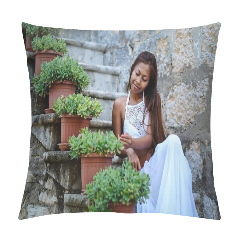 Personality  Pretty Woman In Ethnic Mediterranean Traditional Costume Sitting On Stone Stairs. Pillow Covers