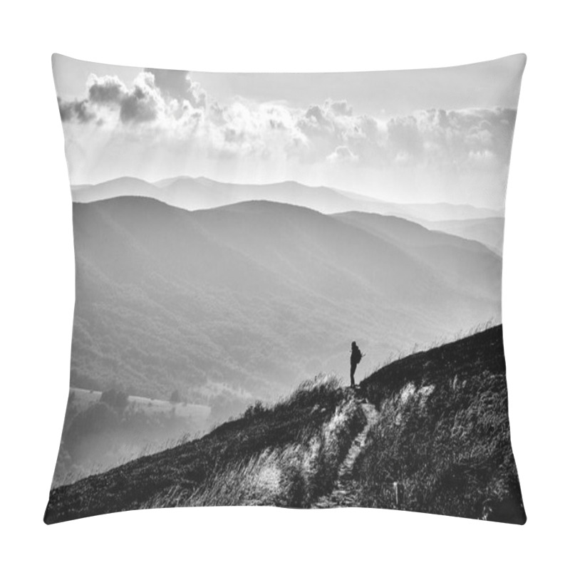 Personality  Freedom, Man Spreads His Hands On The Sunset. Beautiful Panoramic View Of The Bieszczady Mountains In The Early Autumn, Bieszczady National Park (Polish: Bieszczadzki Park Narodowy), Poland. Pillow Covers