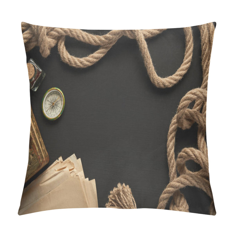 Personality  top view of vintage paper, rope, compass and painting on black background pillow covers