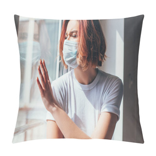 Personality  Upset Girl In Medical Mask Looking Through Window During Self Isolation  Pillow Covers