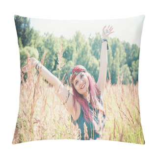 Personality  Beautiful Woman In Boho Style Enjoy Sunlight  Pillow Covers