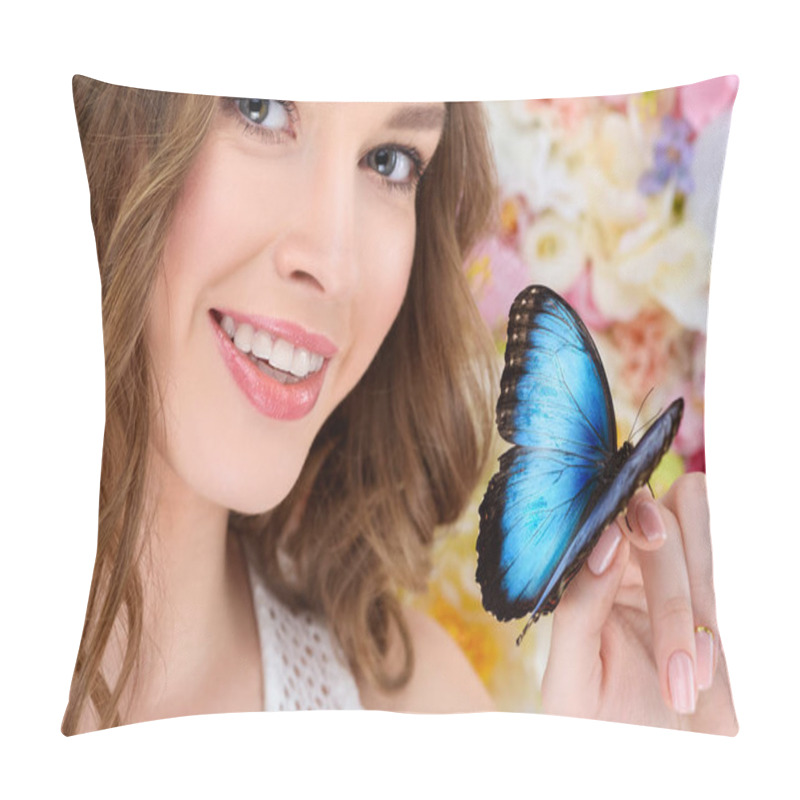 Personality  Close-up Portrait Of Smiling Young Woman With Butterfly On Hand Pillow Covers