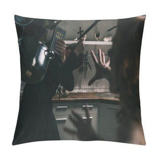 Personality  Selective Focus Of Evil Demon With Levitating Cookware And Exorcist With Cross And Bible In Kitchen Pillow Covers