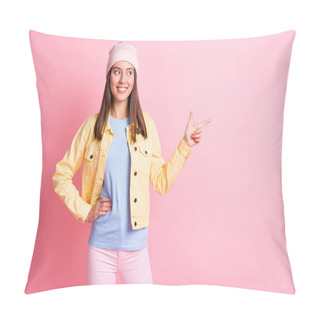 Personality  Photo Of Pretty Brown Haired Woman Look Point Empty Space Wear Yellow Jacket Hand Waist Isolated On Pink Color Background Pillow Covers
