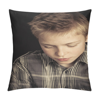 Personality  Serious Boy In Striped Shirt Looking Downward Pillow Covers