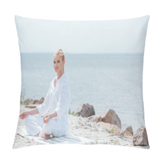 Personality  Happy Blonde Woman Practicing Yoga Near Sea  Pillow Covers