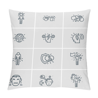 Personality  Vector Illustration Of 12 Emoji Icons Line Style. Editable Set Of Shocked, Admire, Cognitive Process And Other Icon Elements. Pillow Covers