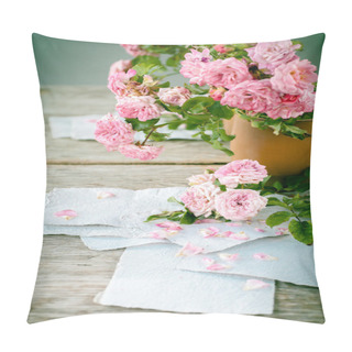 Personality  Pink Roses With Papers On Wooden Table Pillow Covers