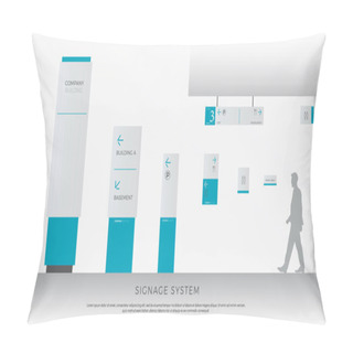 Personality   Exterior And Interior Signage System. Direction, Pole, Wall Mount And Traffic Signage System Design Template Set. Empty Space For Logo, Text, White And Blue Corporate Identity Pillow Covers