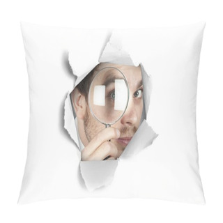 Personality  Businessman Looking Through A Paper Hole Pillow Covers