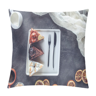 Personality  Top View Of Delicious Pieces Of Different Cakes On Plate Pillow Covers
