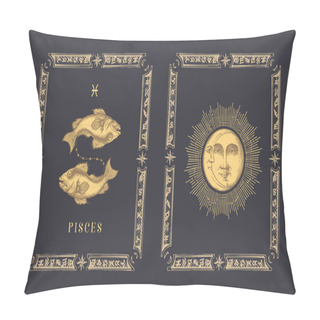 Personality  Pisces Zodiac Symbol, Horoscope Card In Vector. Pillow Covers