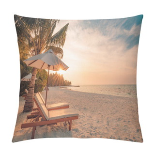 Personality  Beautiful Beach Background For Summer Travel With Sun,coconut Tree And Beach Wooden Bed On Sand With Beautiful Blue Sea And Blue Sky. Summer Mood Sun Beach Background Concept. Pillow Covers