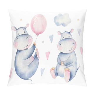 Personality  Hand Drawn Cute Isolated Tropical Summer Watercolor Hippo Animals. Hippopotamus Baby And Mother Cartoon Animal Illustrations, Jungle Tree, Brazil Trendy Design. Pillow Covers