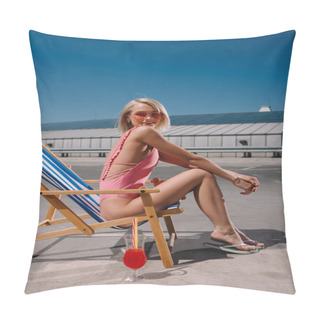 Personality  Side View Of Smiling Young Woman In Swimsuit Sitting In Sun Lounger On Parking Pillow Covers