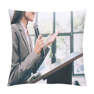 Personality  Cropped Image Of Smiling Lecturer Talking Into Microphone And Gesturing At Podium Tribune During Seminar In Conference Hall Pillow Covers