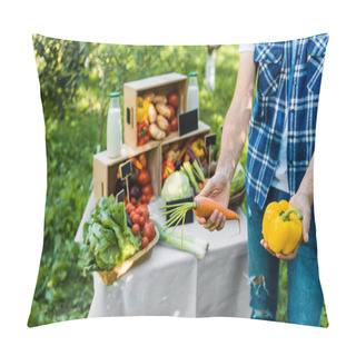 Personality  Cropped Image Of Farmer Showing Ripe Ecological Vegetables At Farmer Market  Pillow Covers