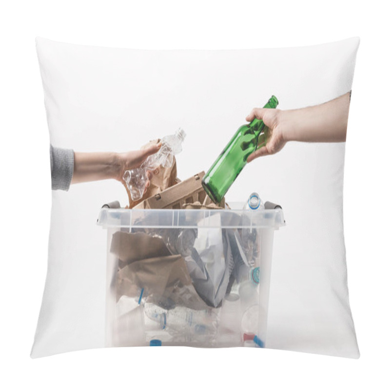 Personality  Cropped Shot Of People Putting Trash Into Plastic Container Isolated On White, Recycling Concept Pillow Covers