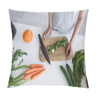Personality  Partial View Of Woman Near Chopping Board With Sliced Cucumber, Carrots And Pumpkin On Table Pillow Covers