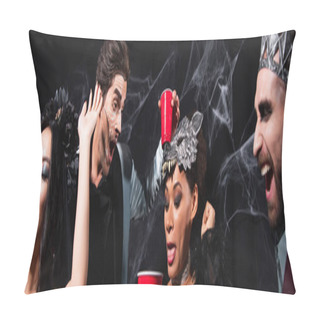 Personality  African American Woman Sticking Out Tongue While Dancing With Multiethnic Friends On Halloween Party On Black, Banner Pillow Covers