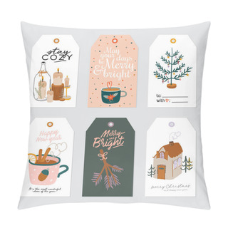 Personality  Christmas Gift Tag With Cute Hygge Ilustration And Holiday Lettering Wishes Pillow Covers