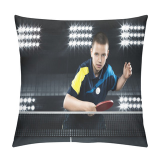 Personality  Little Boy Tennis-player In Play On Black Background. Action Shot. Pillow Covers
