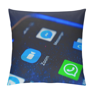 Personality  Zoom Icon App And Other Messenger Icon App On The Screen Smartphone Closeup. Zoom Video Communications Is A Company That Provides Remote Conferencing Services.  Pillow Covers