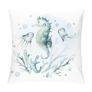 Personality  Set Of Sea Animals. Blue Watercolor Ocean Fish, Turtle, Whale And Coral. Shell Aquarium Background. Nautical Marine Illustration Pillow Covers