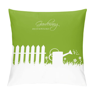 Personality  Gardening Scene With Watering Can Near Fence On Grass Pillow Covers
