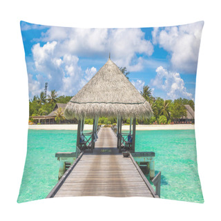Personality  MALDIVES - JUNE 24, 2018: Water Villas (Bungalows) And Wooden Bridge At Tropical Beach In The Maldives At Summer Day Pillow Covers