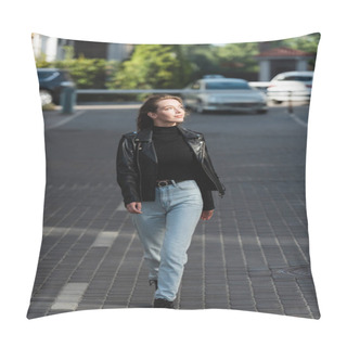 Personality  Cheerful Young Woman In Leather Jacket And Jeans Walking On Urban Street  Pillow Covers