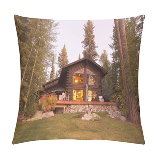 Personality  Beautiful Log Cabin Exterior Among Pines Pillow Covers