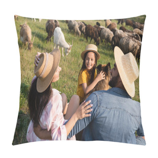 Personality  Happy Girl Stroking Cattle Dog Near Parents And Blurred Herd In Pasture Pillow Covers