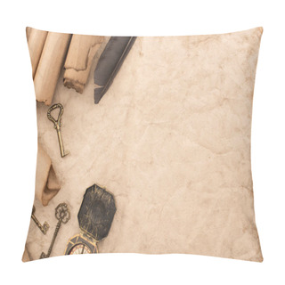 Personality  Top View Of Vintage Keys And Compass Near Feather On Aged Paper Pillow Covers