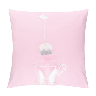 Personality  Top View Of One Tea Bag And Empty Glass Cup Isolated On Pink Pillow Covers