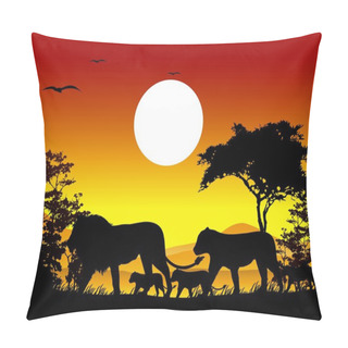 Personality  Beauty Lion Family Trip Silhouettes With Landscape Background Pillow Covers